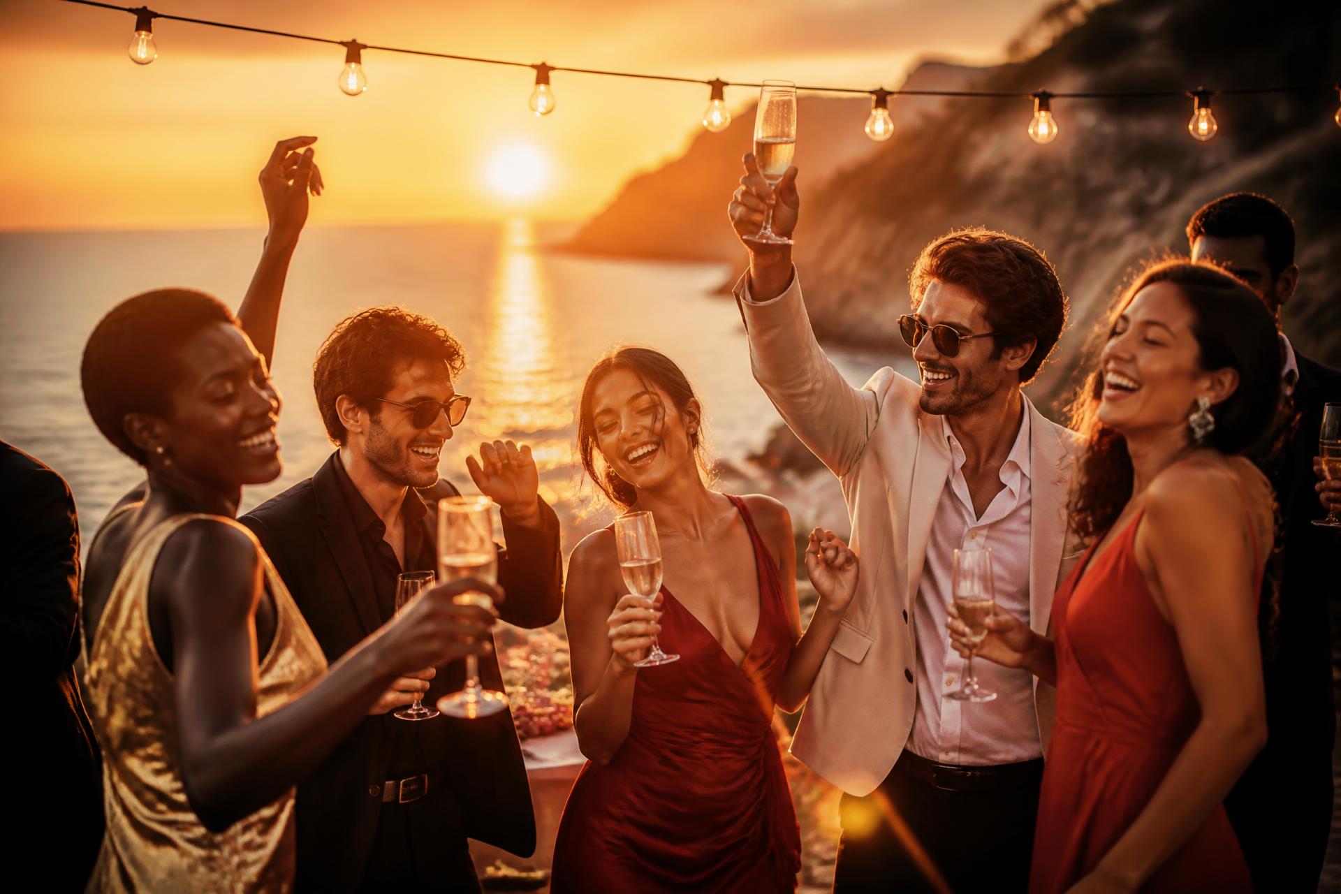 Happy guests laughing and toasting champagne at a seaside terrace party during a golden Mediterranean sunset